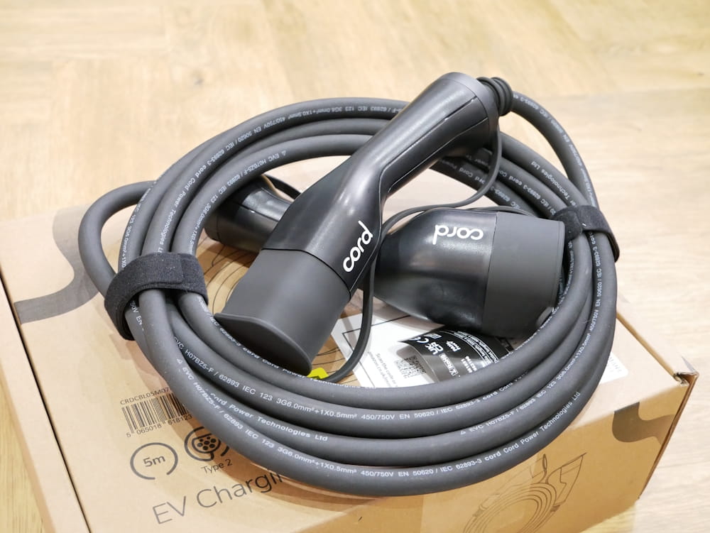 The Cord Type 2 charging cable unboxed and ready to go