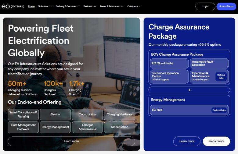 EO Charging website screenshot as of April 2026